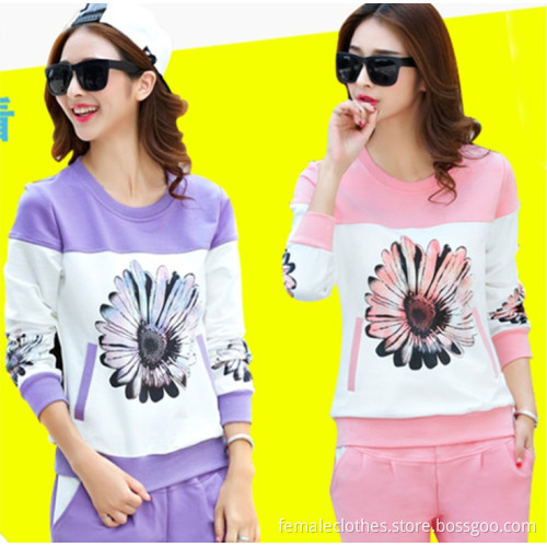 Spring and autumn female fashion Korean long-sleeved round neck printed fashion casual sportswear sports twinset blouse pants